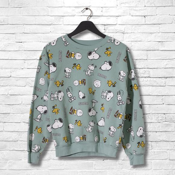 Peanuts Sweatshirt - Juniors Small - Sage Snoopy & Woodstock Crewneck Pullover - Picture 1 of 5